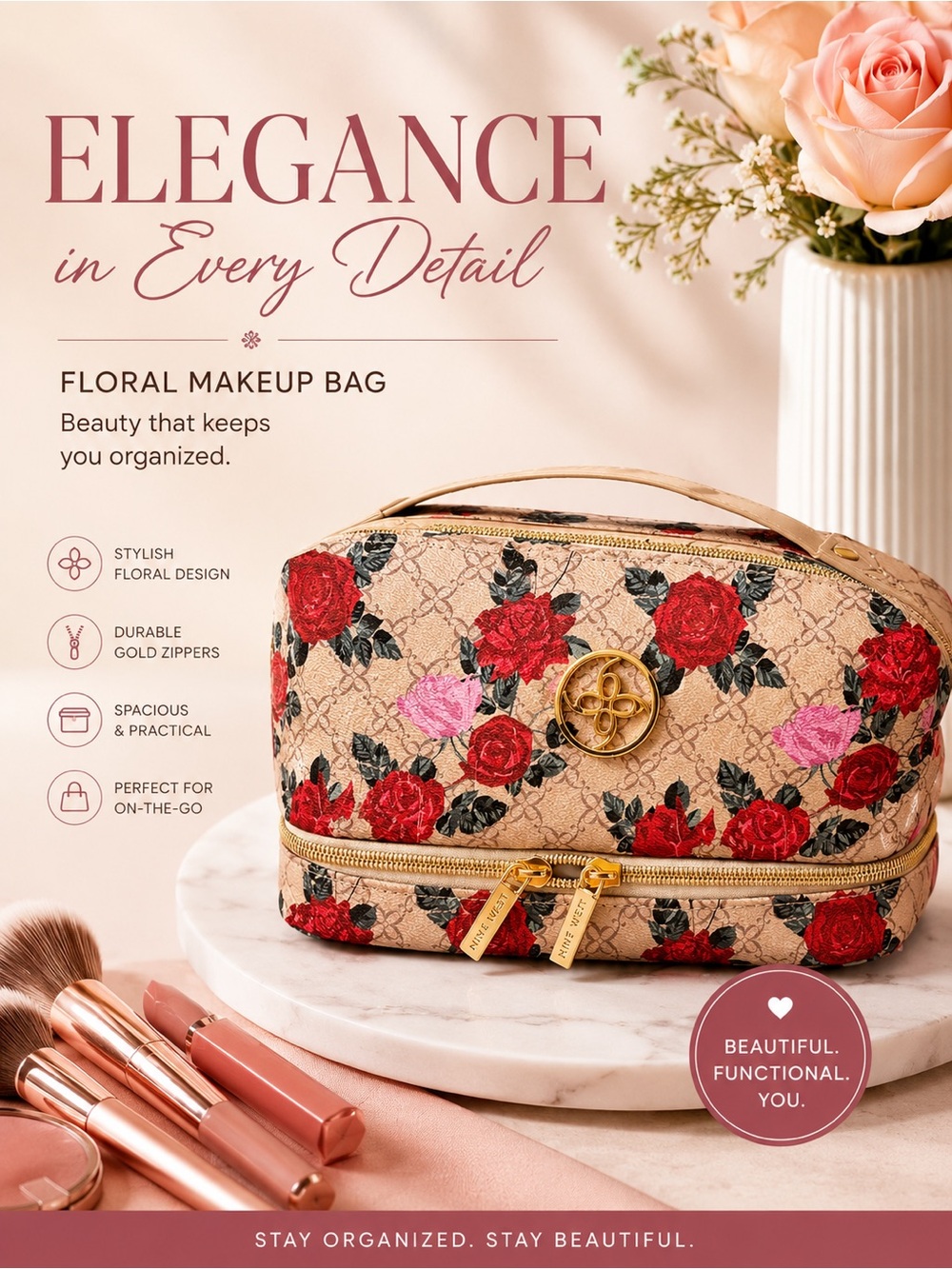Nine West Beige Floral Cosmetic Case with Red and Pink Roses and Gold Hardware